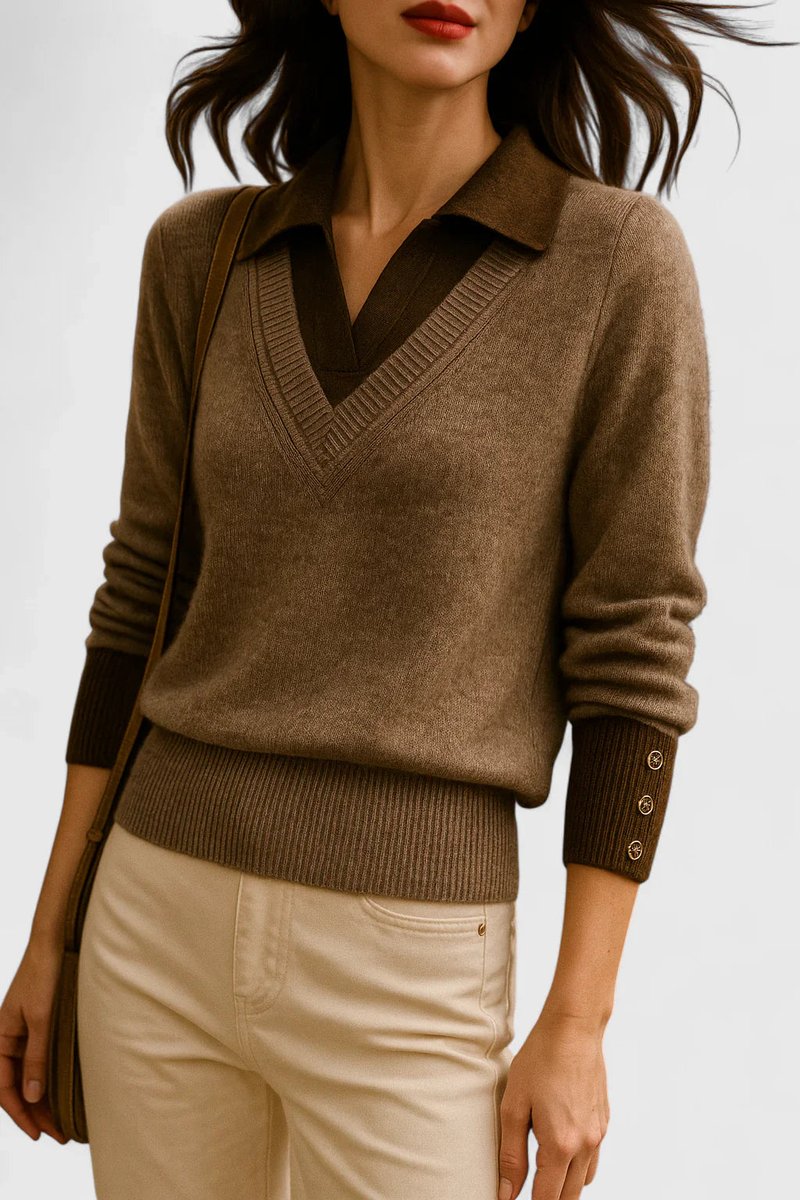 Women's V-Neck Polo Collar Knit Pullover Sweater Button Cuff