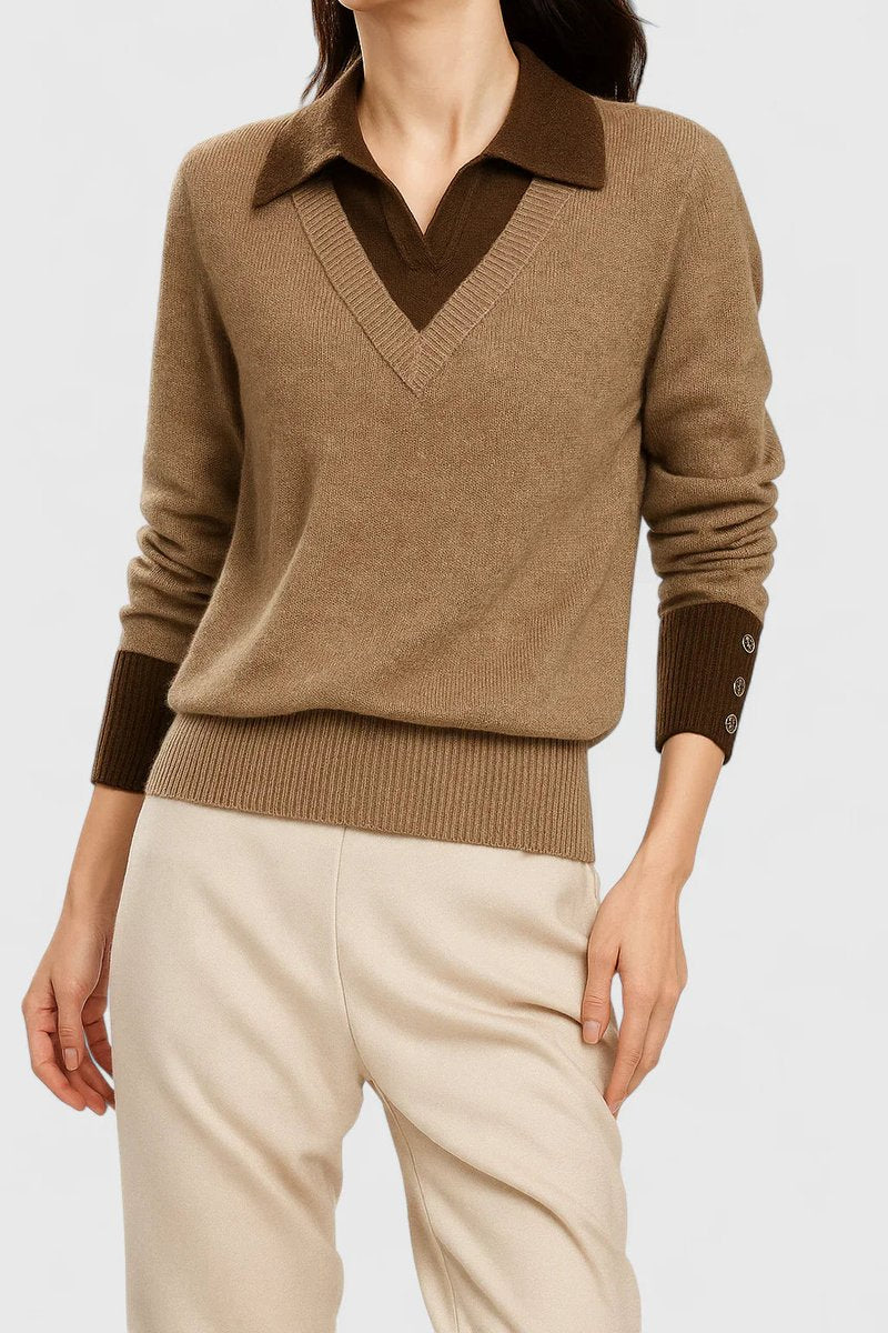 Women's V-Neck Polo Collar Knit Pullover Sweater Button Cuff
