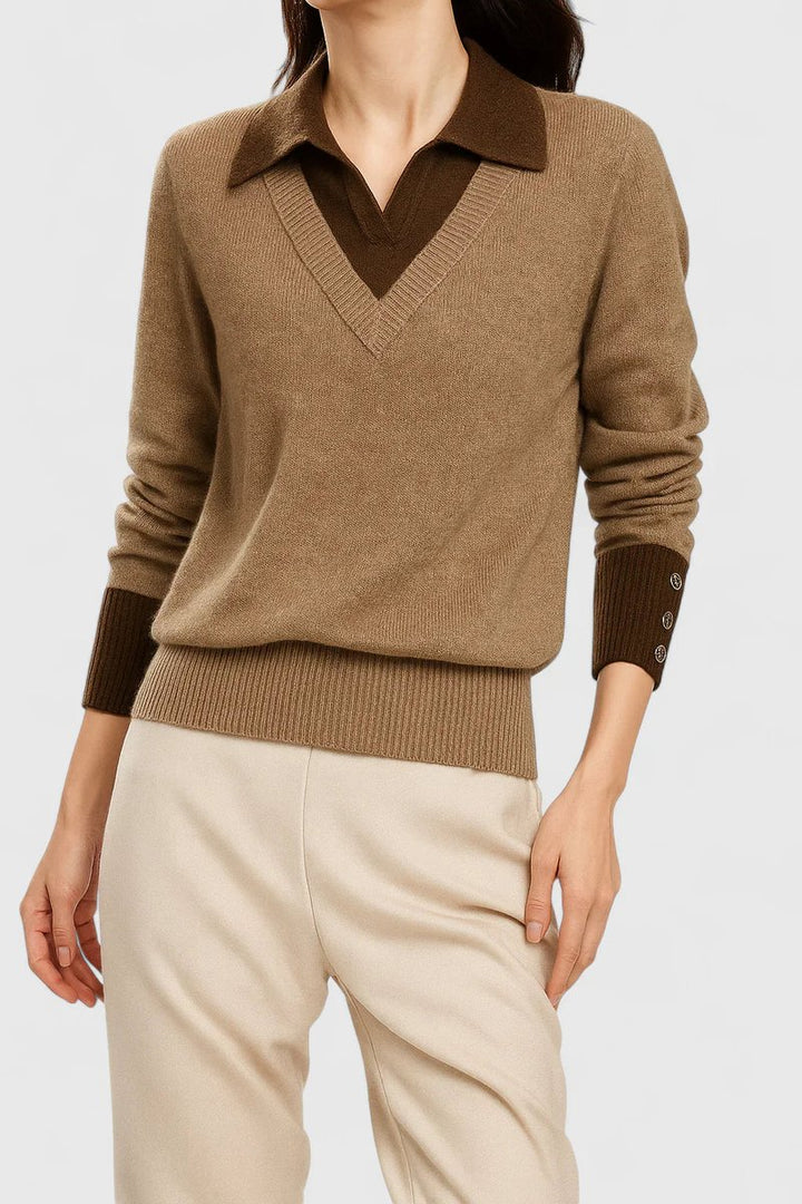 Women's V-Neck Polo Collar Knit Pullover Sweater Button Cuff