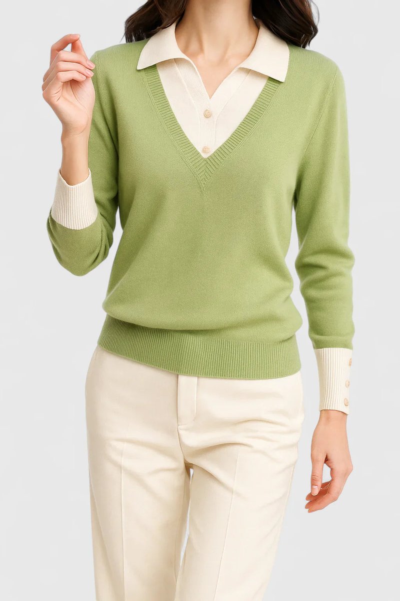 Women's V-Neck Polo Collar Knit Pullover Sweater Button Cuff - Lime