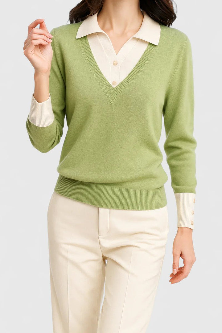 Women's V-Neck Polo Collar Knit Pullover Sweater Button Cuff - Lime