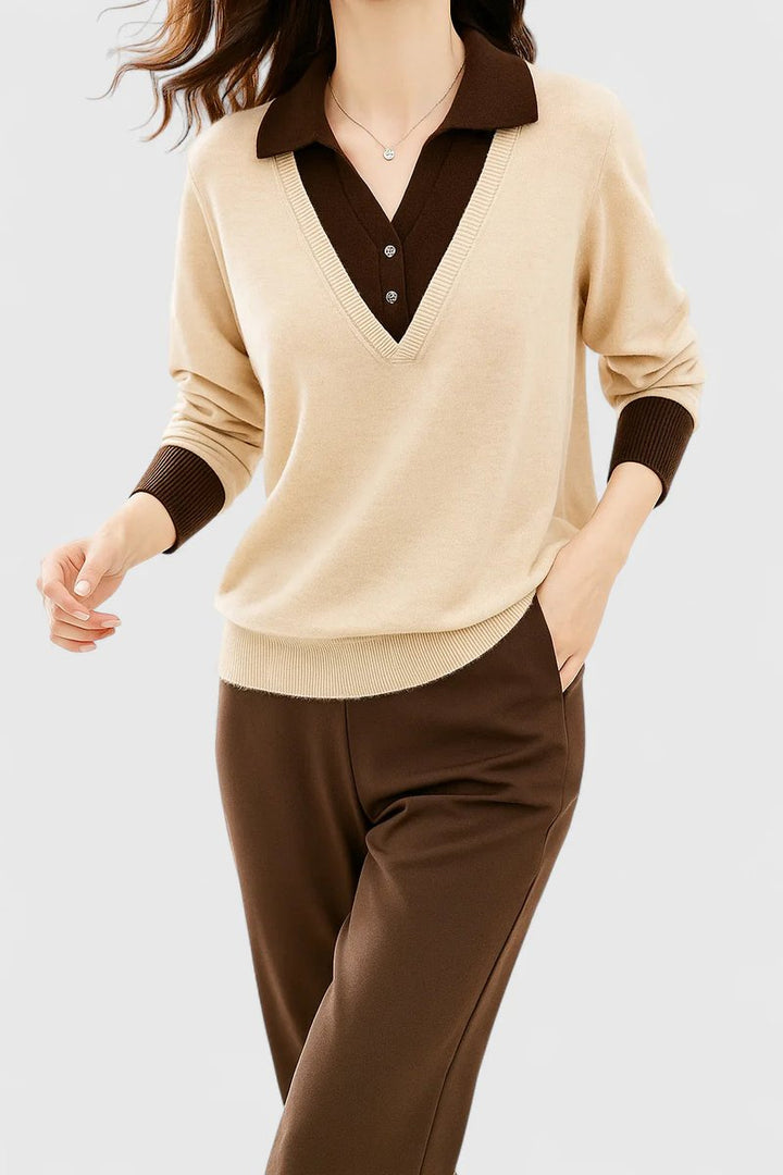 Women's V-Neck Polo Collar Knit Pullover Sweater Button Cuff - Beige