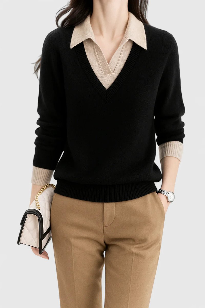 Women's V-Neck Polo Collar Knit Pullover Sweater Button Cuff - Black