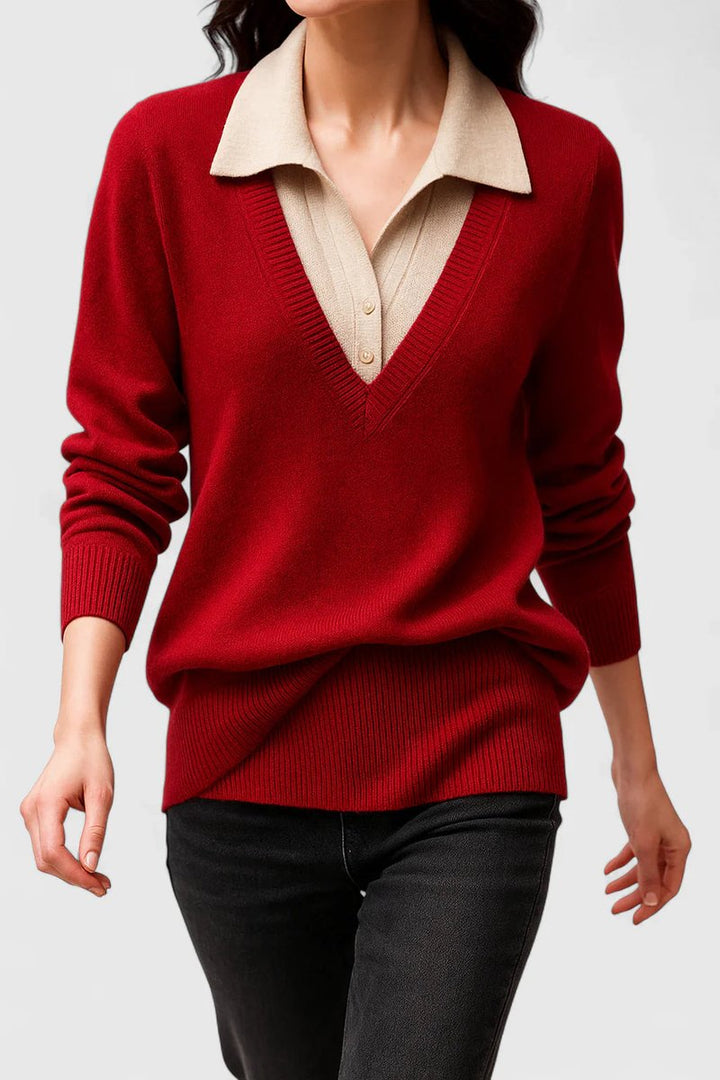 Women's V-Neck Polo Collar Knit Pullover Sweater Button Cuff