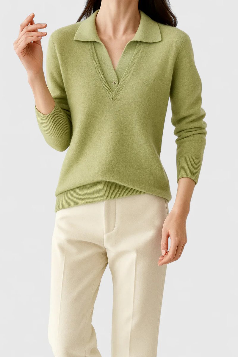 Women's V-Neck Polo Collar Knit Pullover Sweater Button Cuff