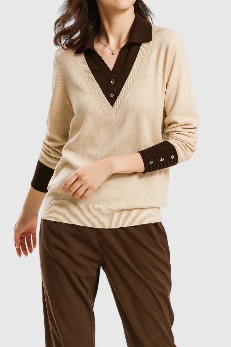 Women's V-Neck Polo Collar Knit Pullover Sweater Button Cuff
