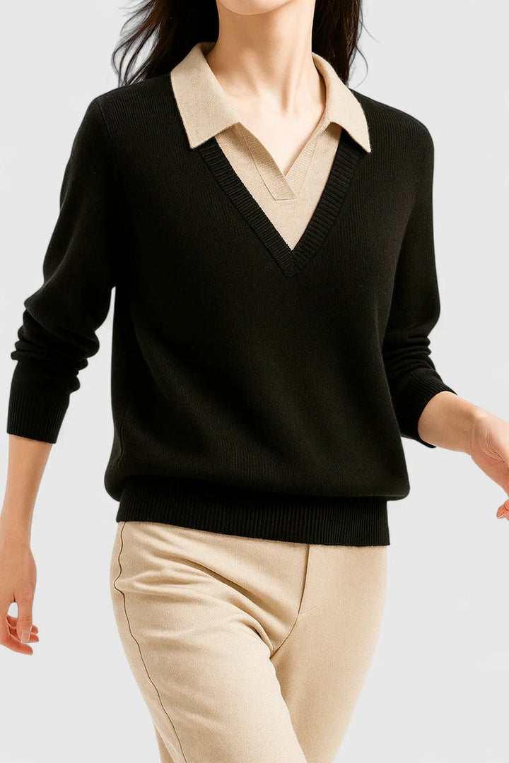 Women's V-Neck Polo Collar Knit Pullover Sweater Button Cuff
