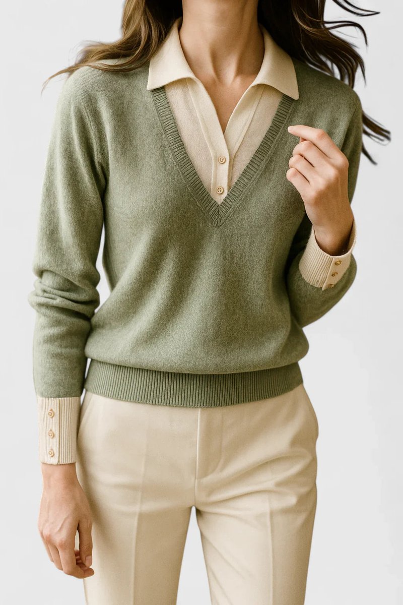 Women's V-Neck Polo Collar Knit Pullover Sweater Button Cuff