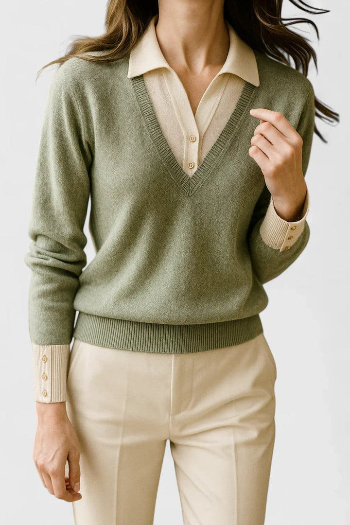Women's V-Neck Polo Collar Knit Pullover Sweater Button Cuff