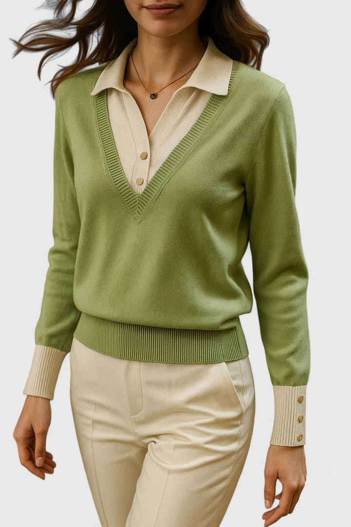 Women's V-Neck Polo Collar Knit Pullover Sweater Button Cuff