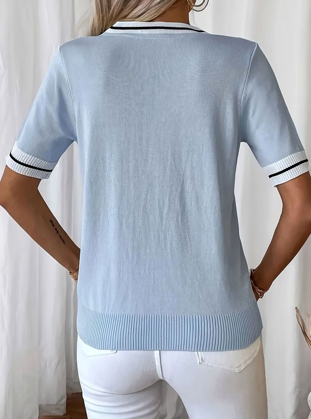 Women's V-Neck Short-Sleeve Contrast Trim Knit Sweater