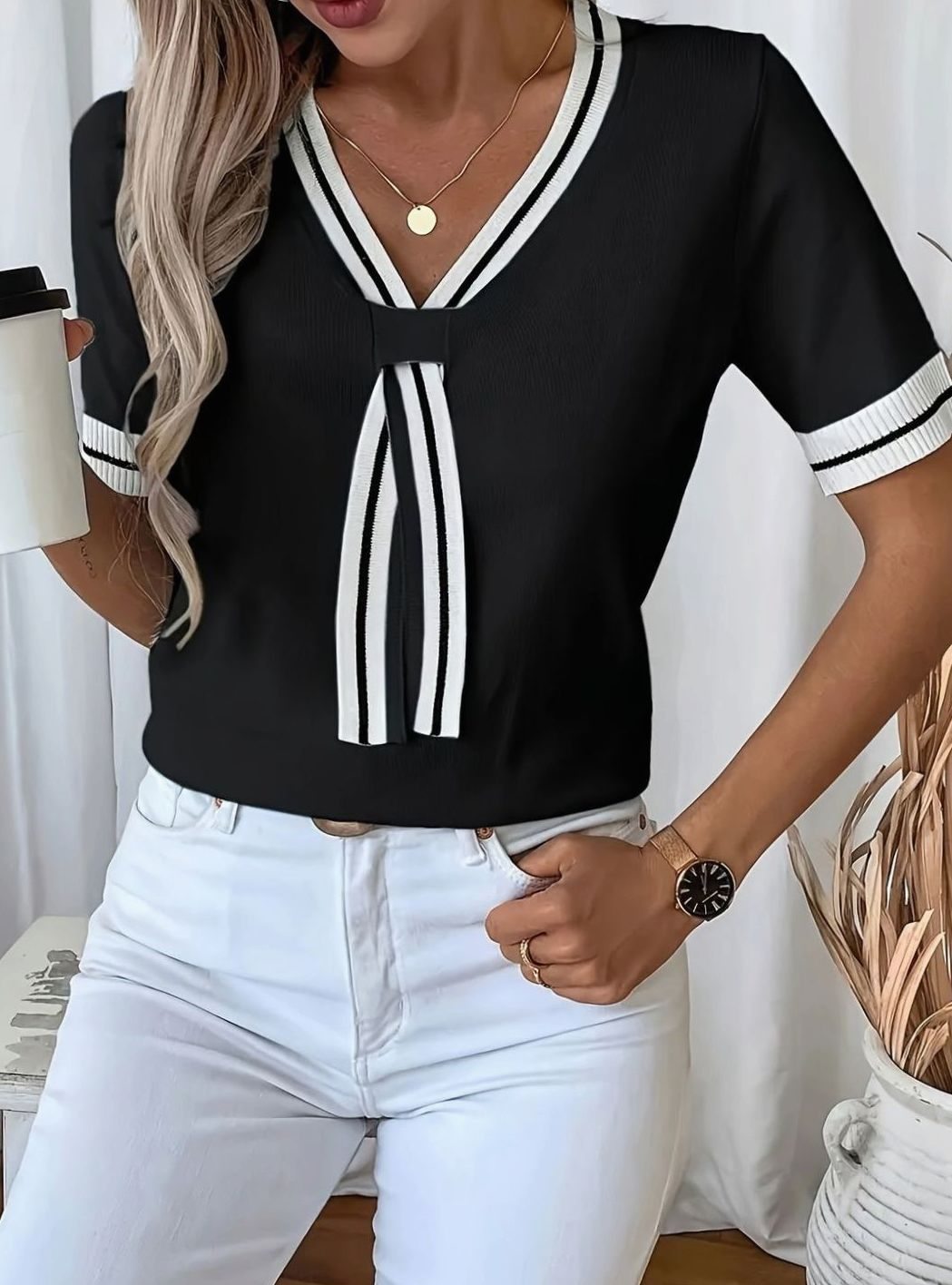 Women's V-Neck Short-Sleeve Contrast Trim Knit Sweater - Black