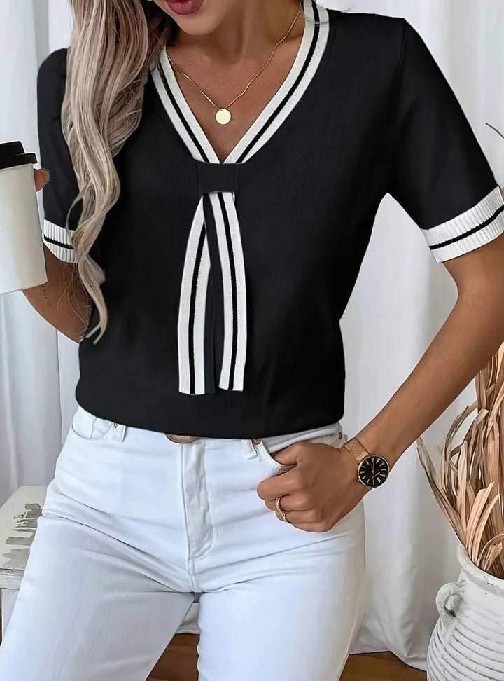 Women's V-Neck Short-Sleeve Contrast Trim Knit Sweater - Black