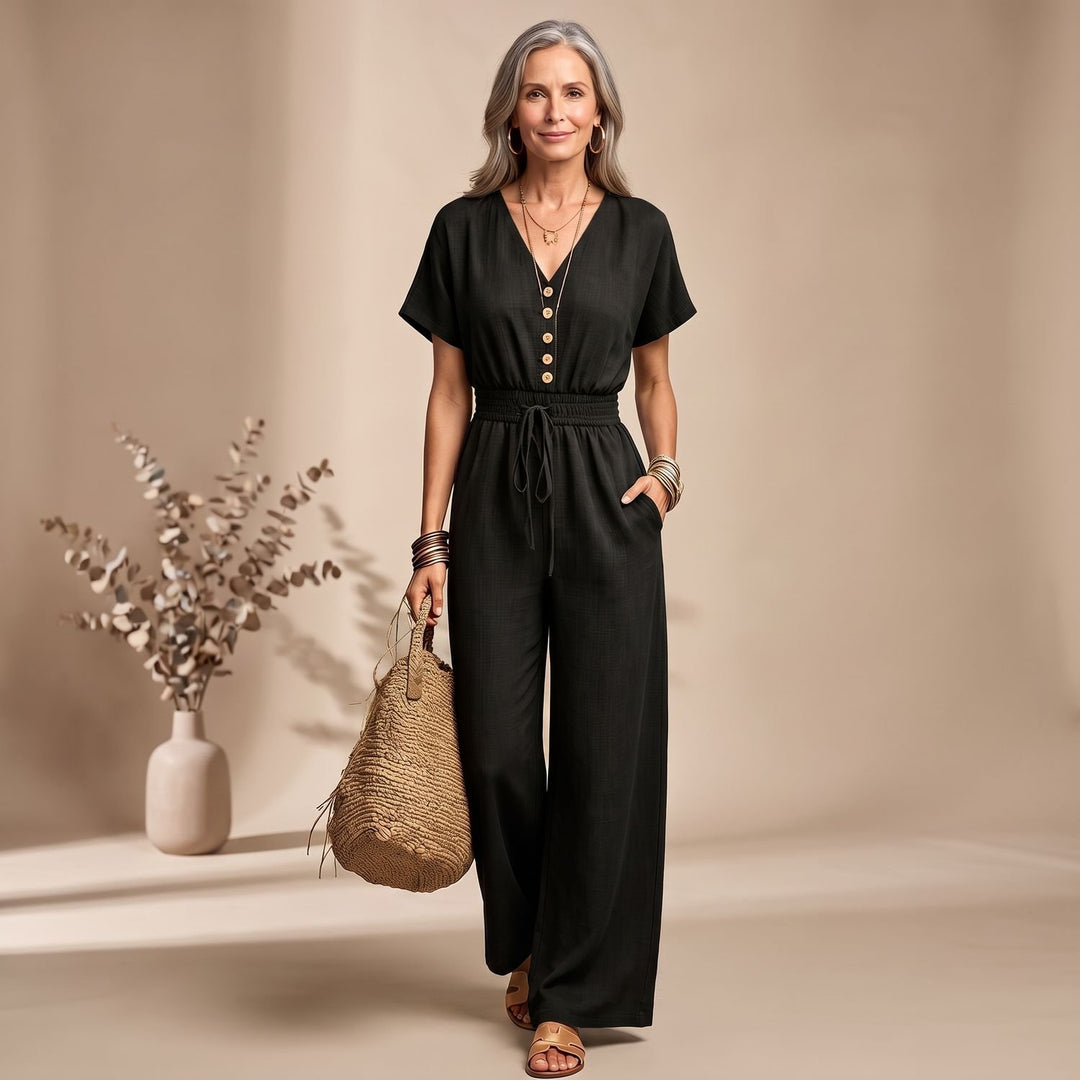 Women's V-Neck Short-Sleeve Drawstring Wide-Leg Jumpsuit - Black