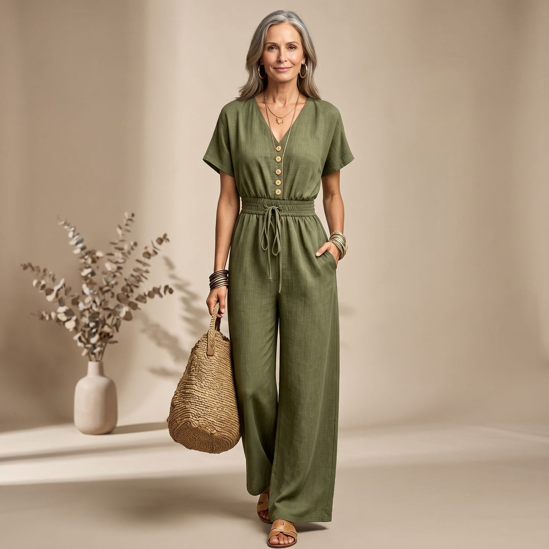 Women's V-Neck Short-Sleeve Drawstring Wide-Leg Jumpsuit - Olive