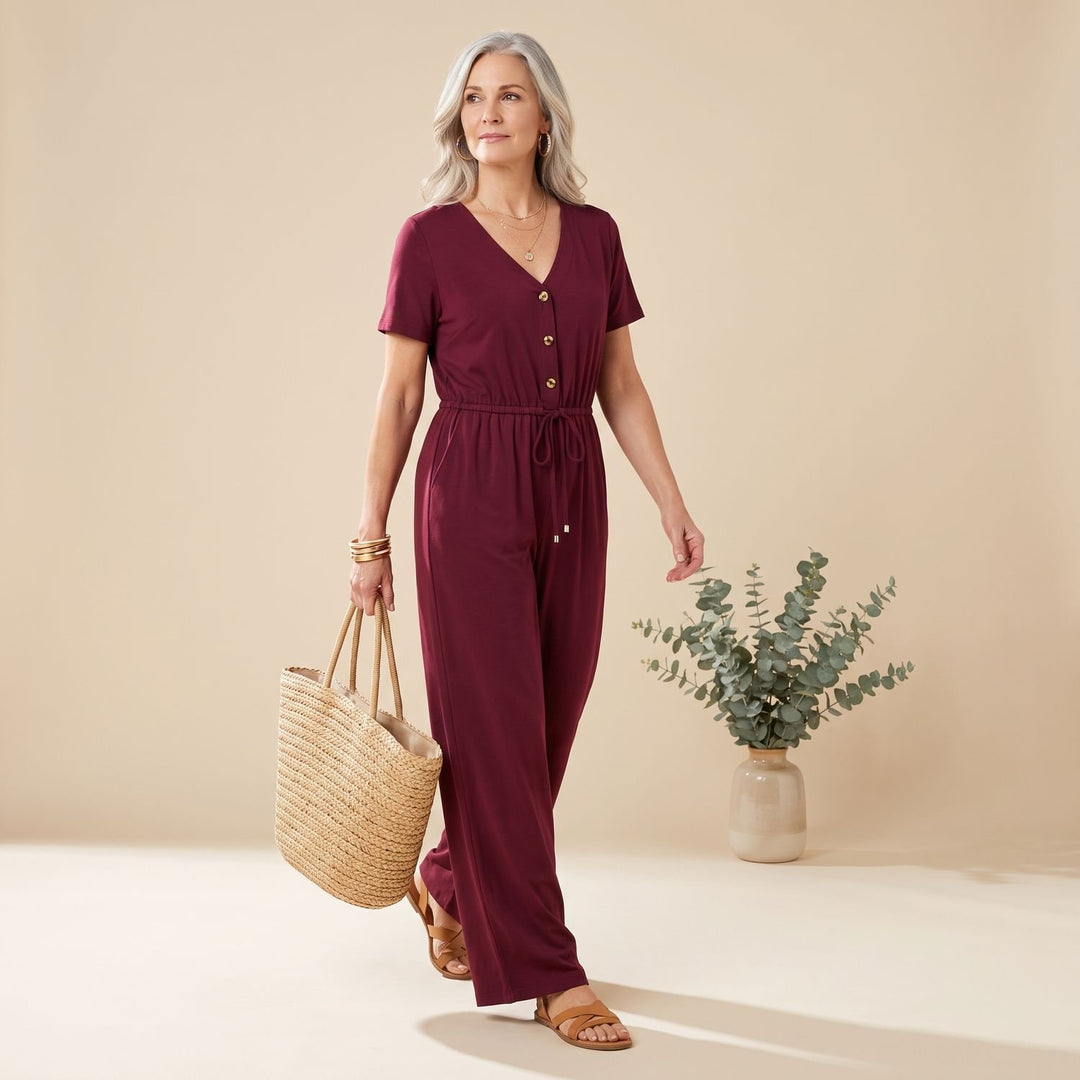 Women's V-Neck Short-Sleeve Drawstring Wide-Leg Jumpsuit - Wine