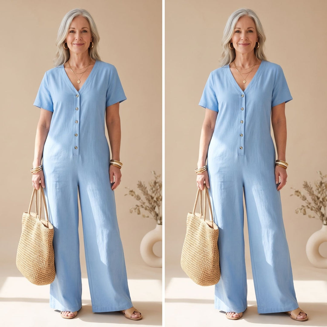 Women's V-Neck Short-Sleeve Drawstring Wide-Leg Jumpsuit - Light Blue