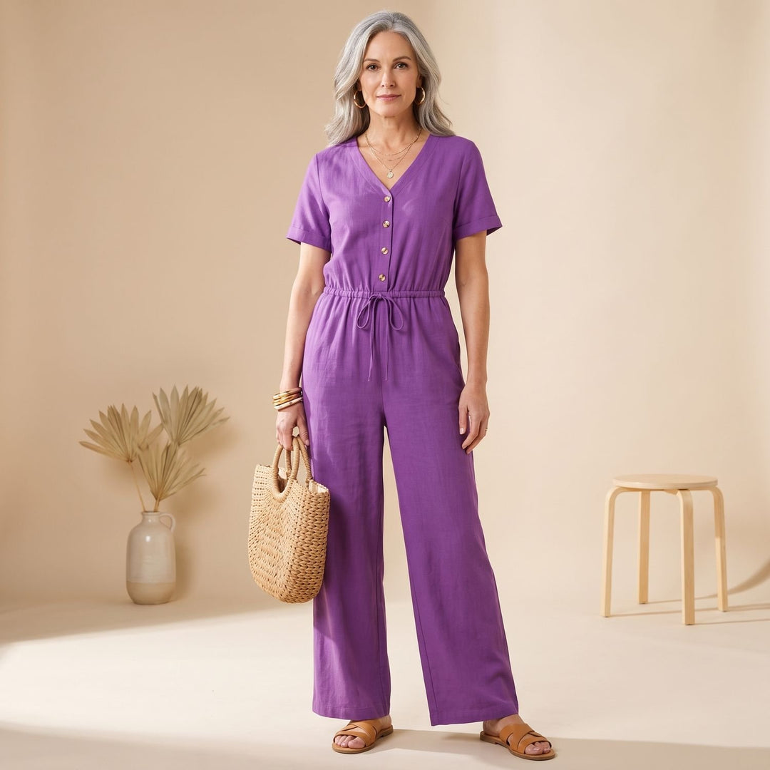 Women's V-Neck Short-Sleeve Drawstring Wide-Leg Jumpsuit - Purple