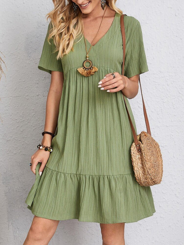 Women's V-Neck Short-Sleeve Smocked Babydoll Swing Dress - Green