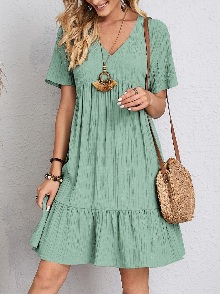 Women's V-Neck Short-Sleeve Smocked Babydoll Swing Dress - Light Green