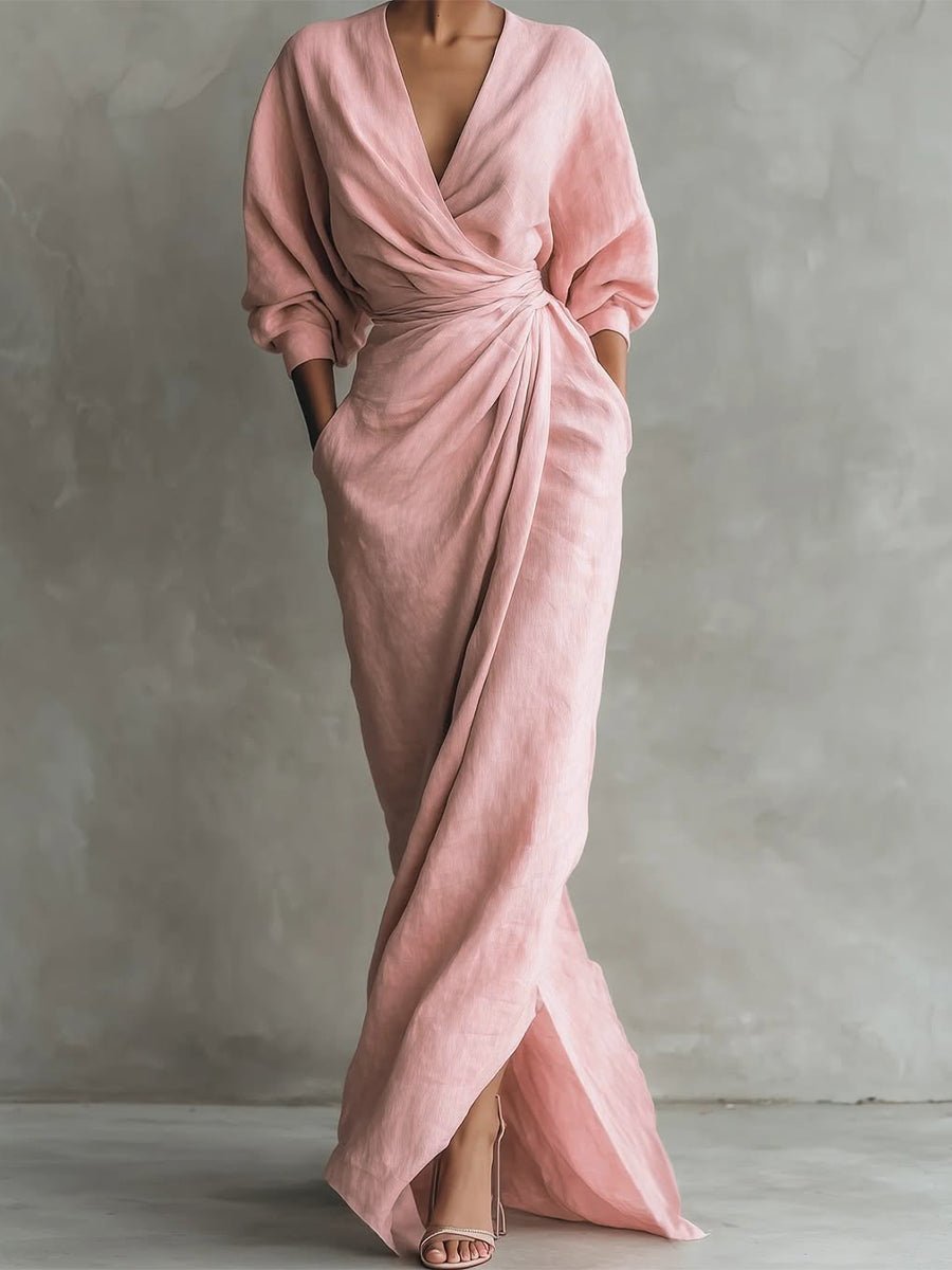 Women's V-Neck Wrap Maxi Long Sleeve Dress Ruched Waist - Pink