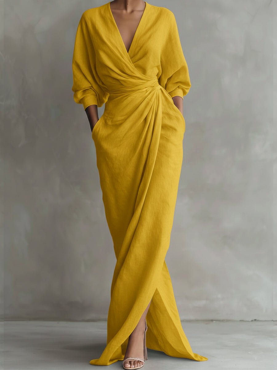 Women's V-Neck Wrap Maxi Long Sleeve Dress Ruched Waist - Yellow