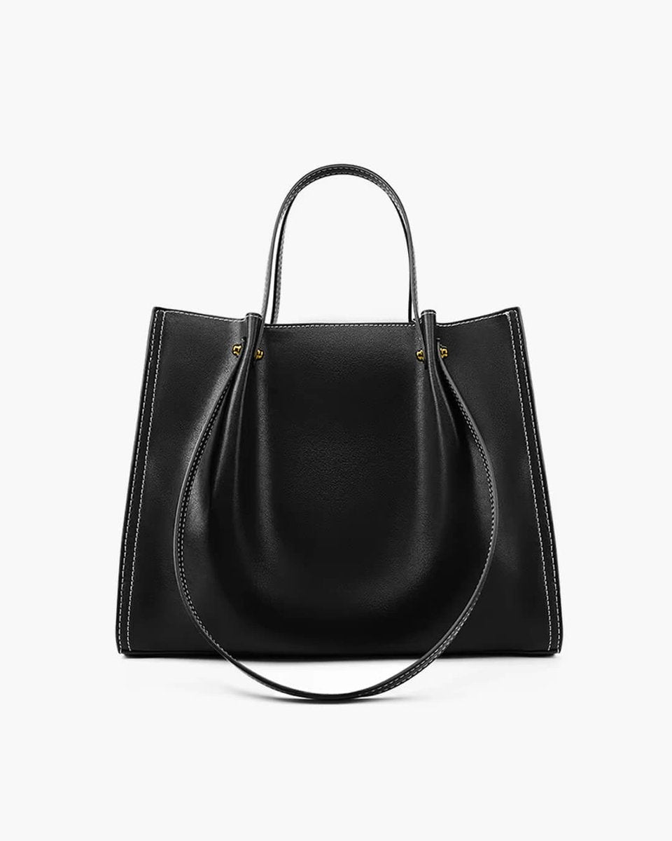Women's Vegan Leather Minimalist Contrast-Stitch Tote Bag - Black