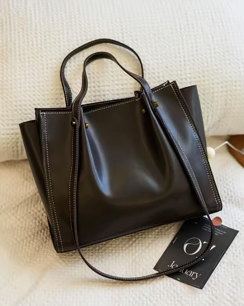 Women's Vegan Leather Minimalist Contrast-Stitch Tote Bag