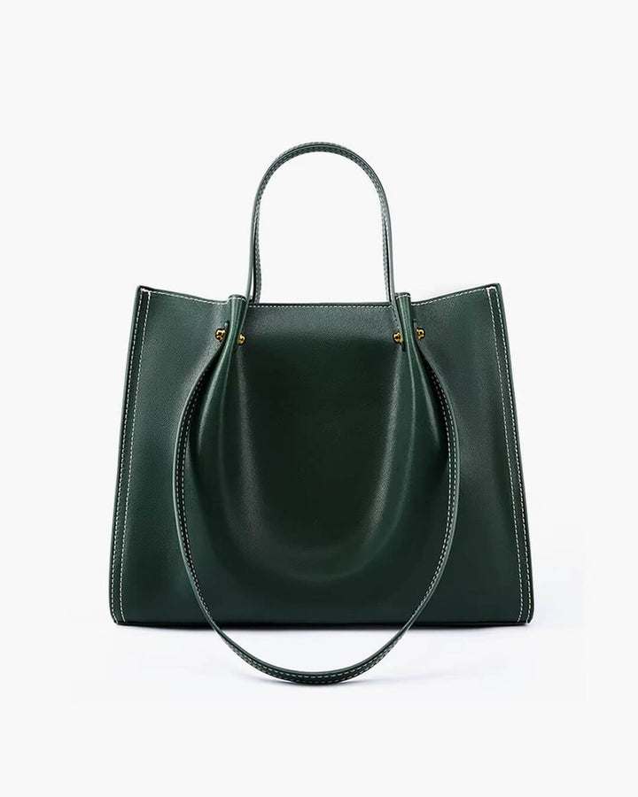 Women's Vegan Leather Minimalist Contrast-Stitch Tote Bag - Green