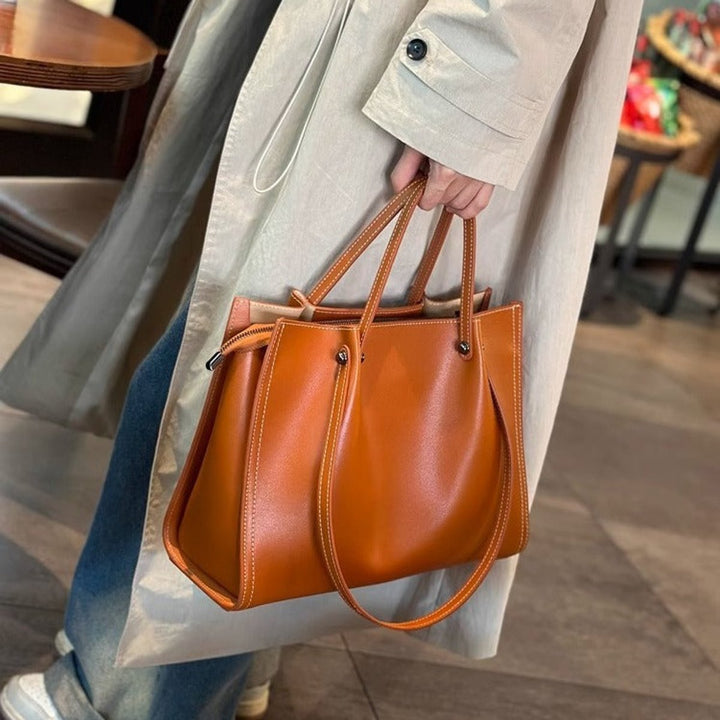 Women's Vegan Leather Minimalist Contrast-Stitch Tote Bag - Sunset Yellow