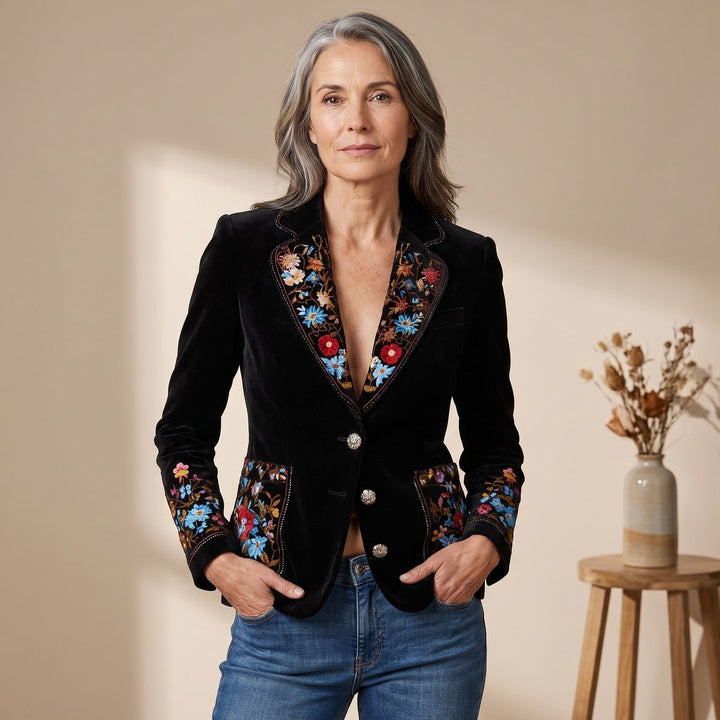 Women's Velvet Floral Embroidered Single-Breasted Blazer - Black