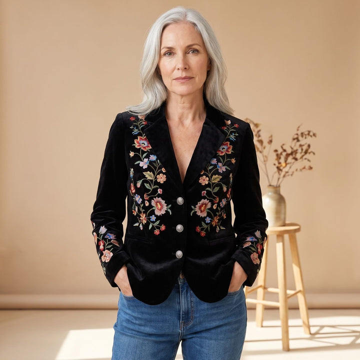 Women's Velvet Floral Embroidered Single-Breasted Blazer
