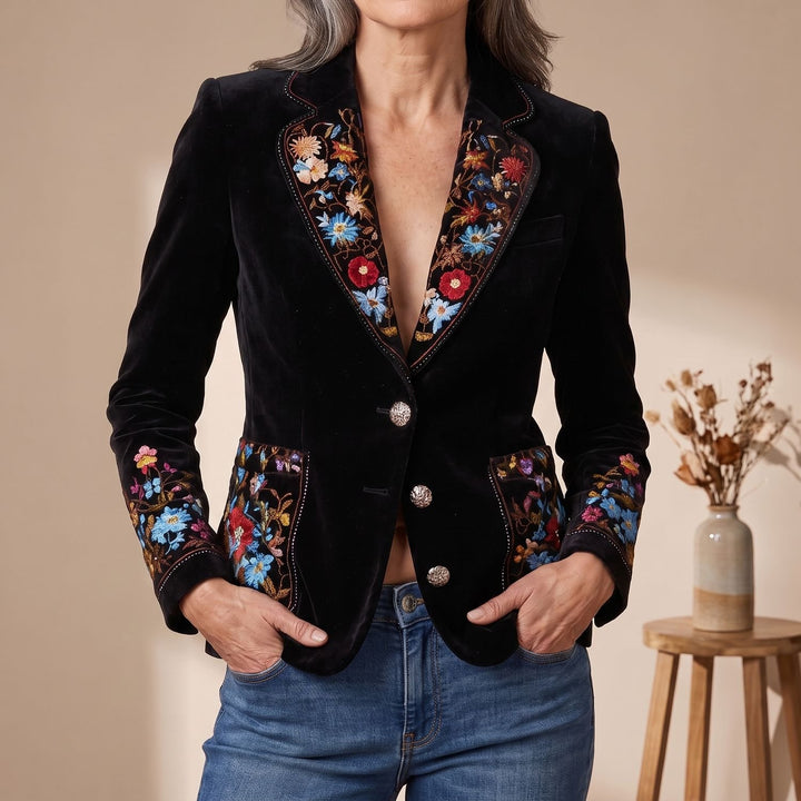 Women's Velvet Floral Embroidered Single-Breasted Blazer
