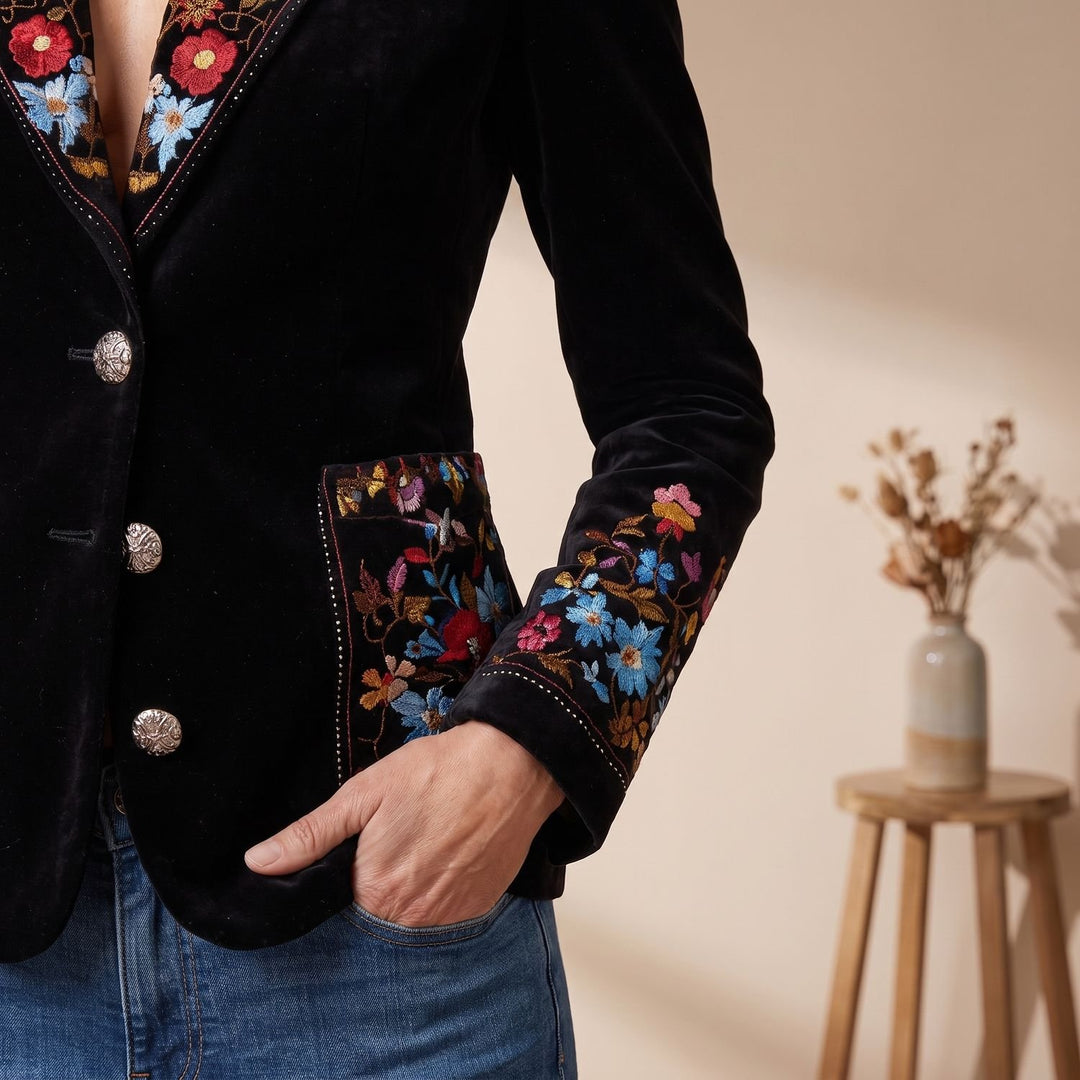 Women's Velvet Floral Embroidered Single-Breasted Blazer
