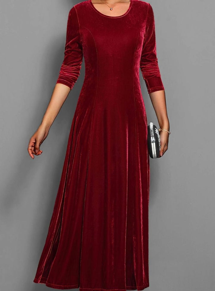 Women's Velvet Long Sleeve Formal A-Line Party Dress - Red