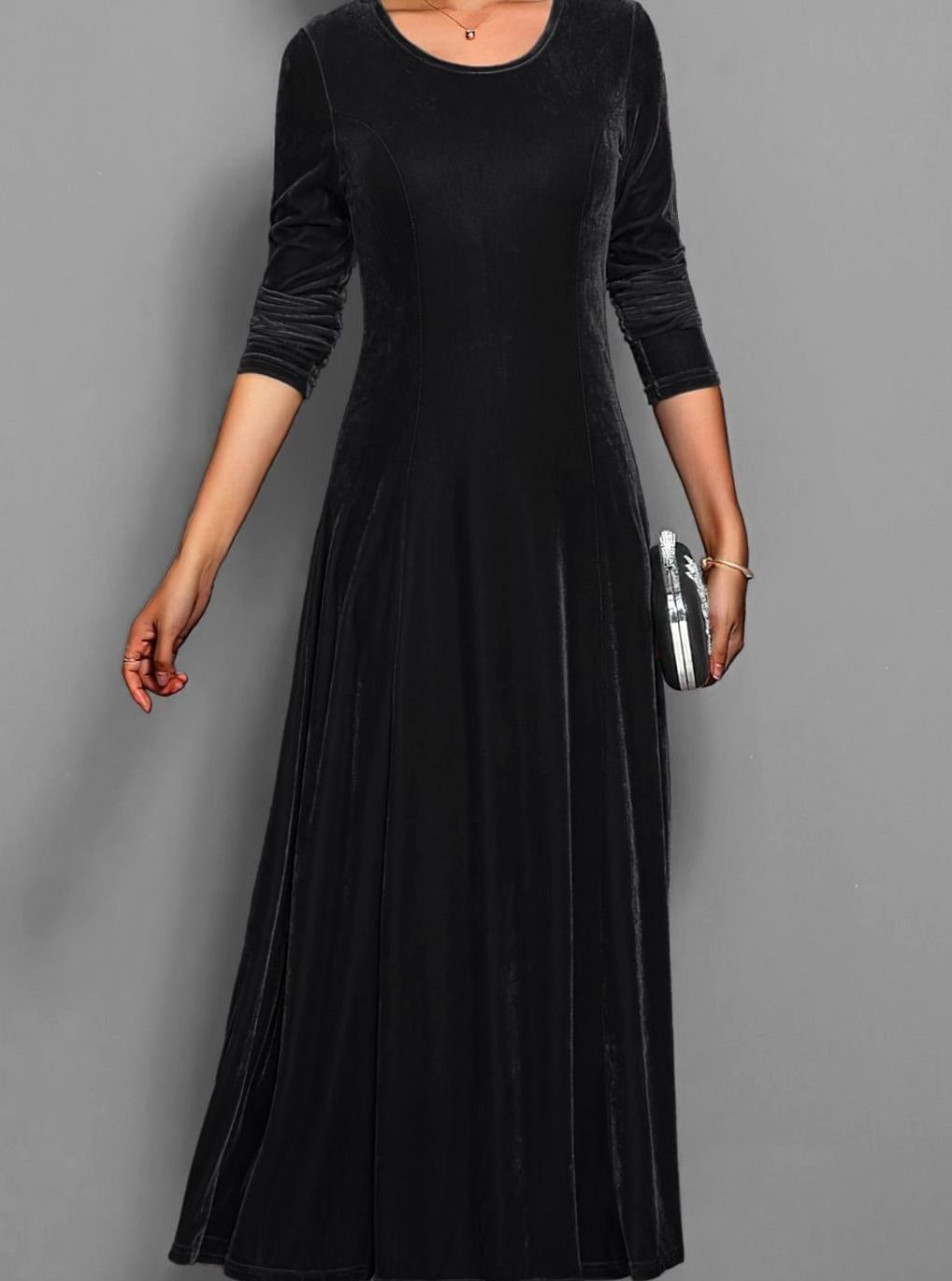 Women's Velvet Long Sleeve Formal A-Line Party Dress - Black