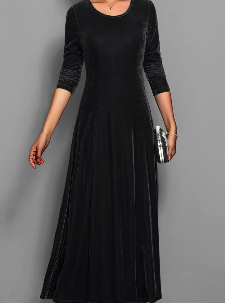 Women's Velvet Long Sleeve Formal A-Line Party Dress - Black