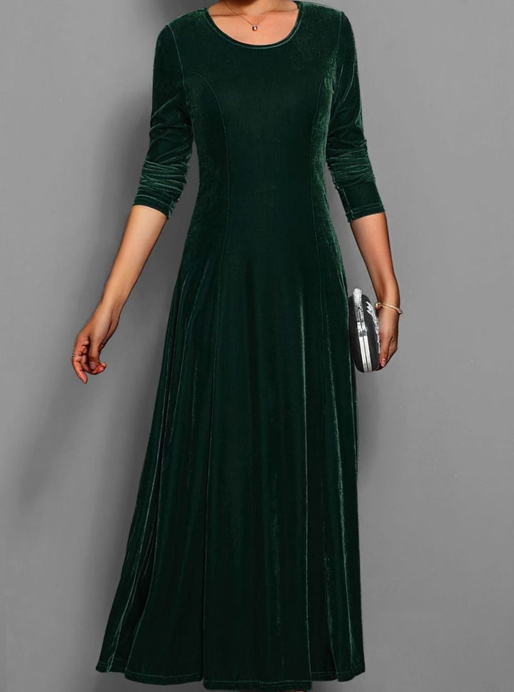 Women's Velvet Long Sleeve Formal A-Line Party Dress - Dark Green