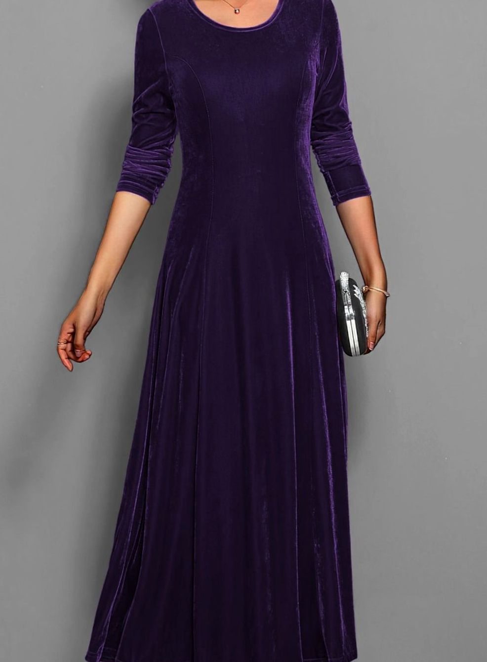 Women's Velvet Long Sleeve Formal A-Line Party Dress - Purple