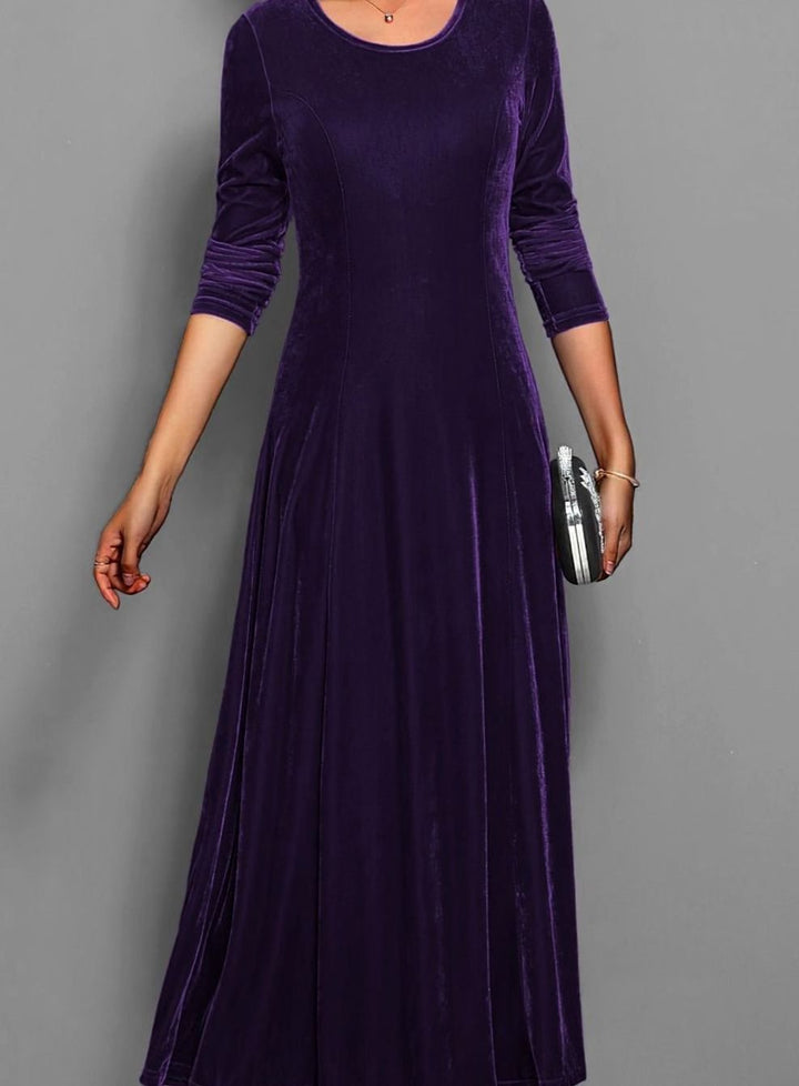 Women's Velvet Long Sleeve Formal A-Line Party Dress - Purple