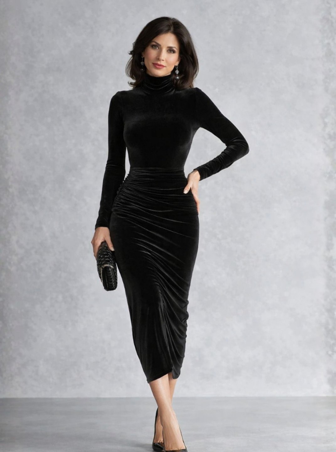 Women's Velvet Ruched Turtleneck Fitted Midi Cocktail Dress - Black
