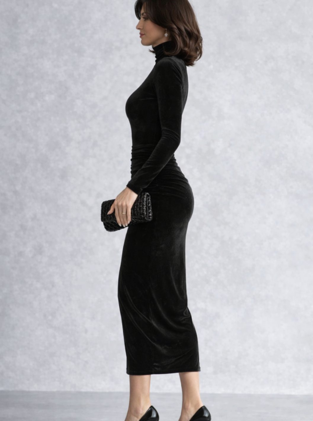 Women's Velvet Ruched Turtleneck Fitted Midi Cocktail Dress