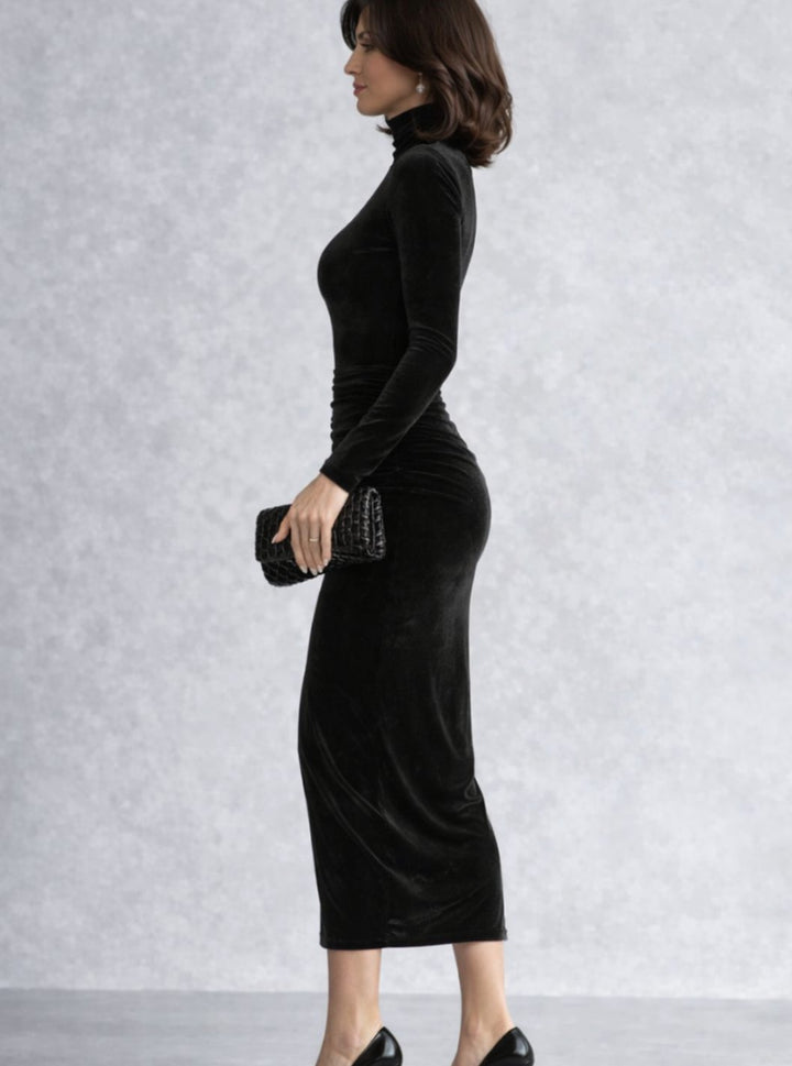 Women's Velvet Ruched Turtleneck Fitted Midi Cocktail Dress