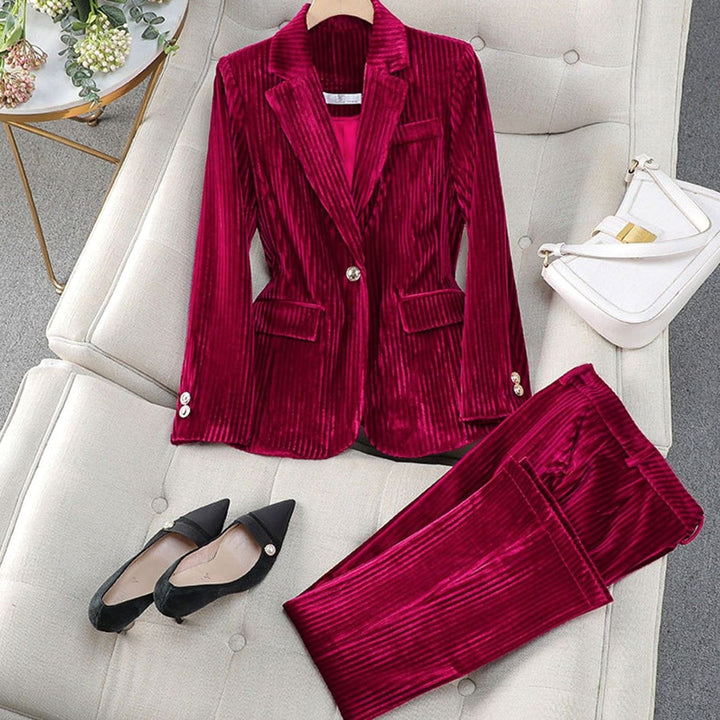 Women's Velvet Striped Tailored Blazer Pants Suit Set - Red