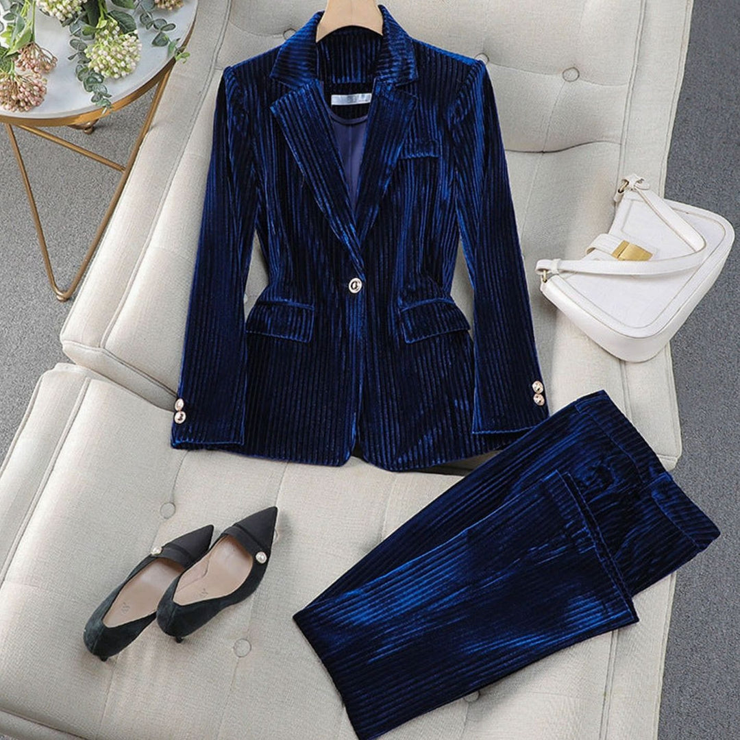 Women's Velvet Striped Tailored Blazer Pants Suit Set - Blue