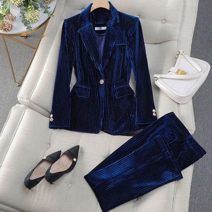 Women's Velvet Striped Tailored Blazer Pants Suit Set - Blue