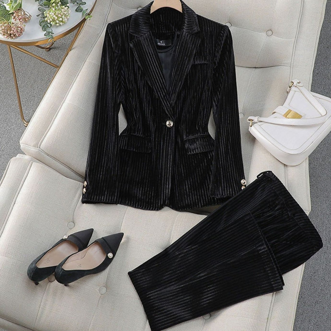 Women's Velvet Striped Tailored Blazer Pants Suit Set - Black