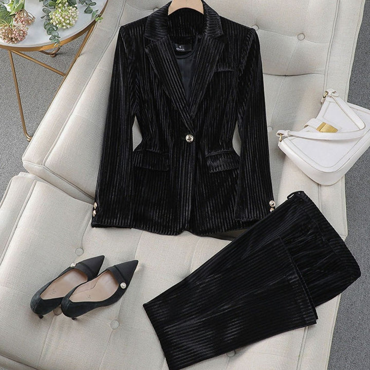 Women's Velvet Striped Tailored Blazer Pants Suit Set - Black