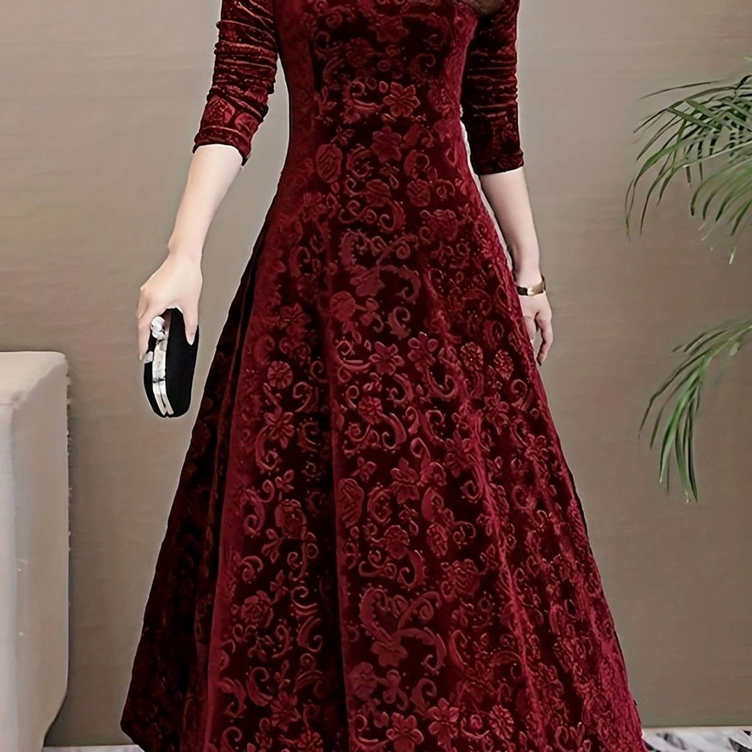 Women's Velvet V-Neck Long-Sleeve A-Line Midi Dress