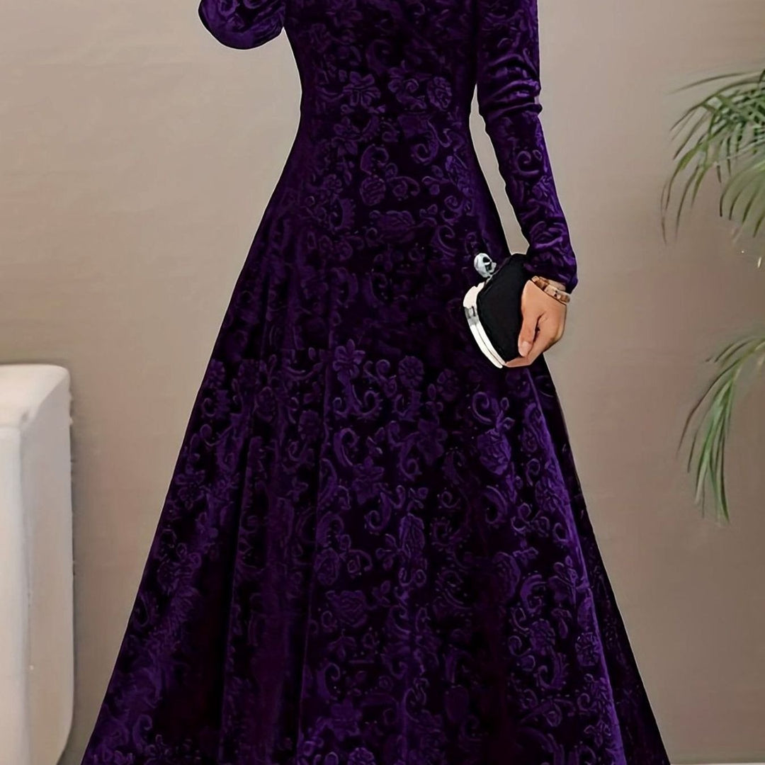 Women's Velvet V-Neck Long-Sleeve A-Line Midi Dress